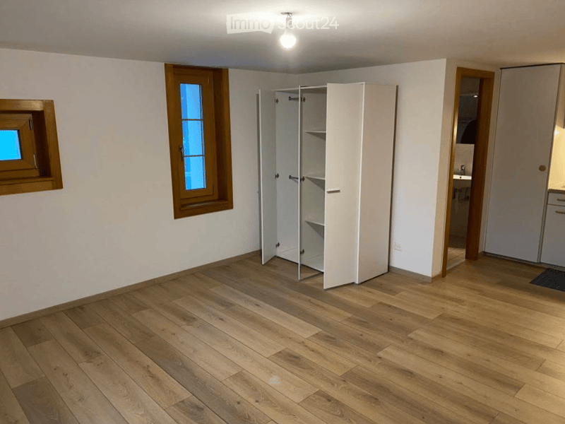 Empty room with wooden flooring, white walls, and a built-in closet with open doors. Two windows with wooden frames are visible, and a doorway leads to another room.