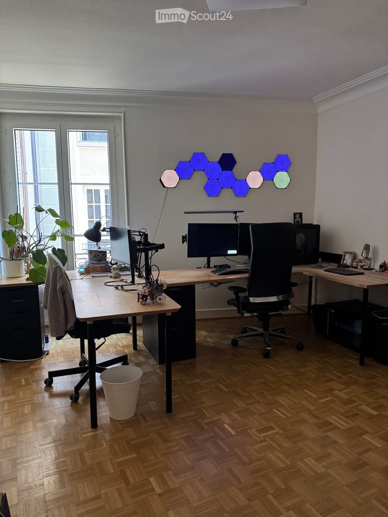 Modern office space with wooden herringbone flooring, two desks, ergonomic chairs, dual monitors, a potted plant, and decorative wall art.