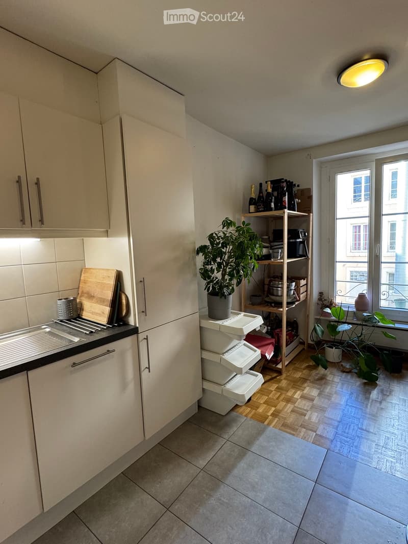 Modern kitchen with light-colored cabinets, a sink, a wooden cutting board, a bottle rack, potted plants, and trash bins.