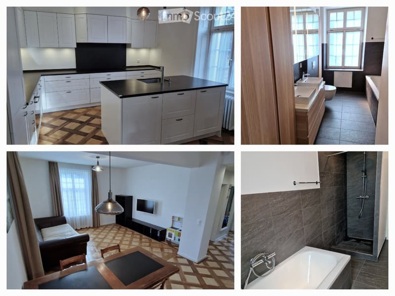 Four images show a modern, furnished apartment with a kitchen, bathroom, living room, and shower area. The kitchen features white cabinets, a black countertop, and a sink. The bathroom has a double sink, toilet, and bathtub with a glass shower enclosure.