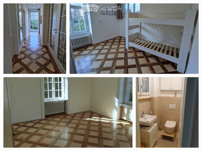 The images show a house with a hallway, a bedroom with a bunk bed, a living room, and a bathroom. The hallway has wooden herringbone flooring and large windows. The bedroom features a bunk bed with built-in shelves. The living room has wooden herringbone