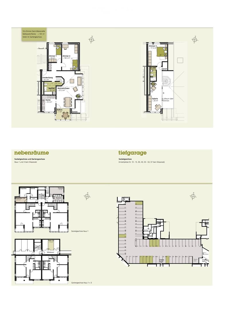 Floor plan of a 5-room attic maisonette with 151 m² net living area, including rooms, kitchen, bathrooms, and a balcony.