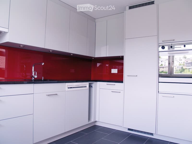 Modern kitchen with white cabinets, red backsplash, and stainless steel appliances including a dishwasher and oven.
