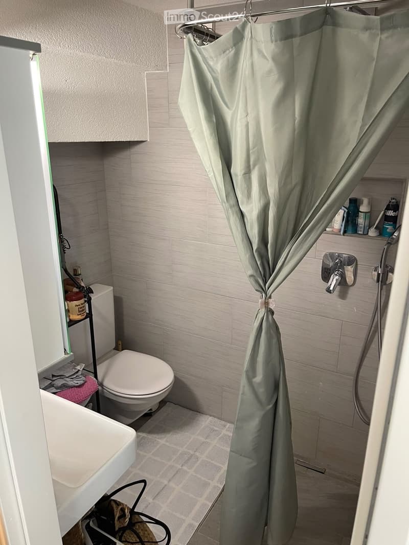 Modern bathroom with a toilet, sink, and shower area with a green curtain. The walls are tiled in a light grey pattern, and the floor has a mix of grey tiles and wood. A small shelf holds various toiletries, and a towel is draped on the edge of the sink.
