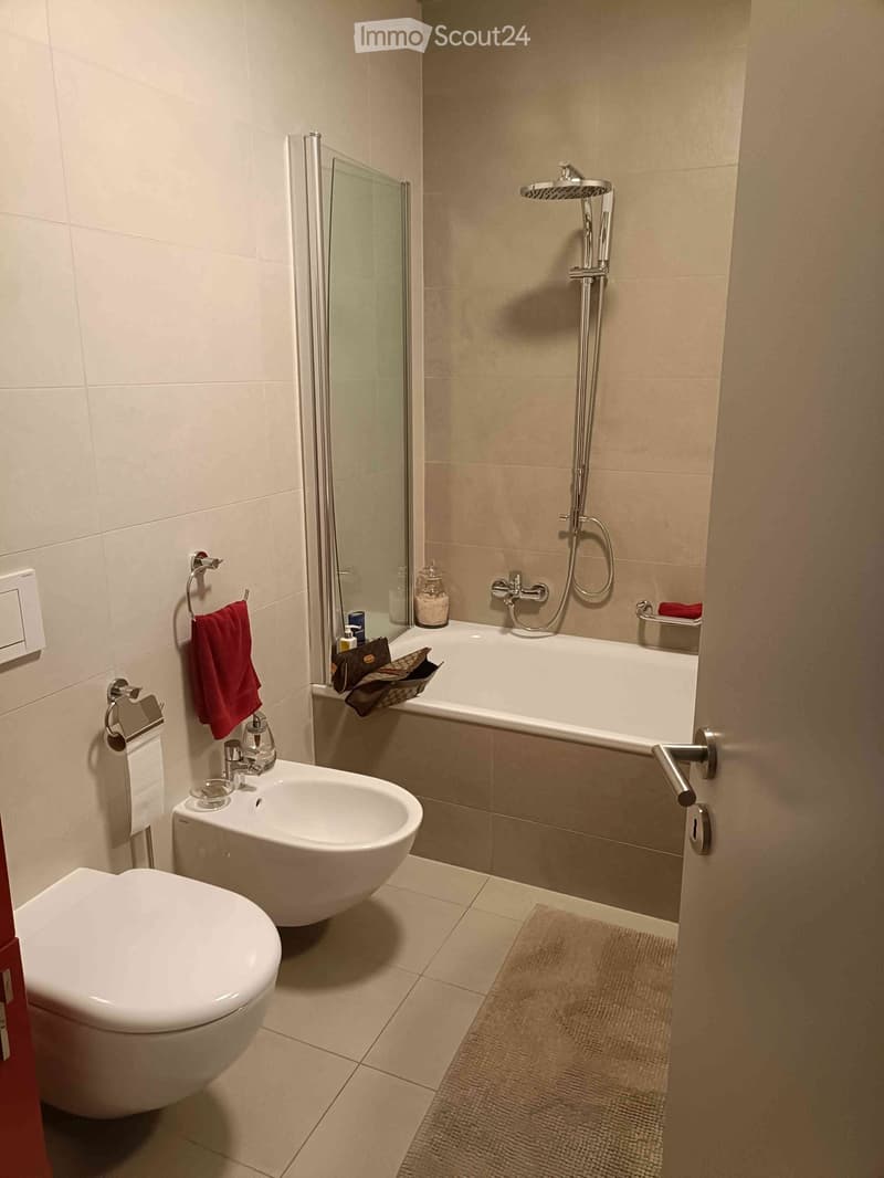 Modern bathroom with a toilet, sink, bathtub, and shower. Features a towel, toilet paper, bathrobe, and bath mat.
