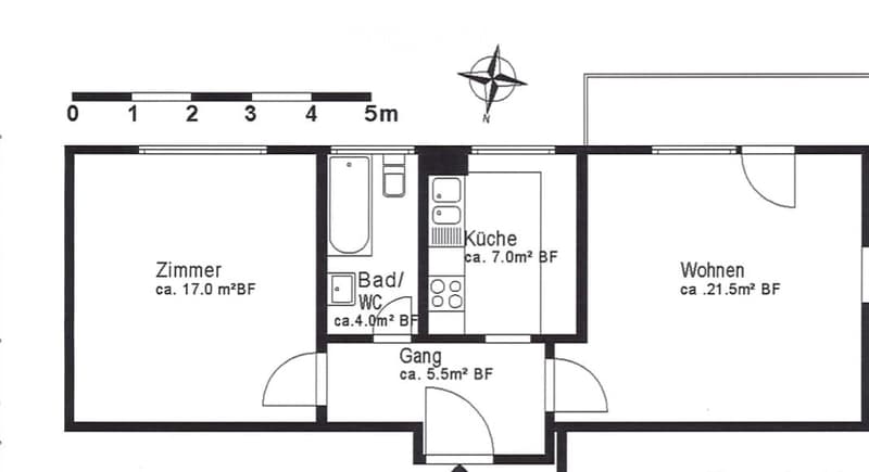 Floor plan of a 3-room apartment with a living area, bedroom, kitchen, bathroom, and hallway.
