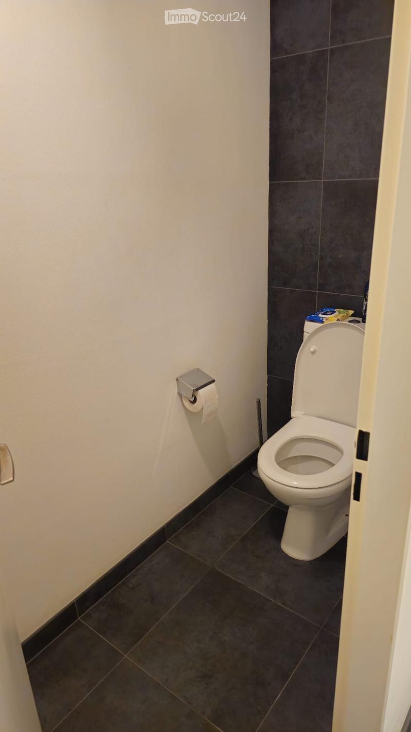 compact toilet room, white walls, grey tiles, modern design, toilet with automatic seat