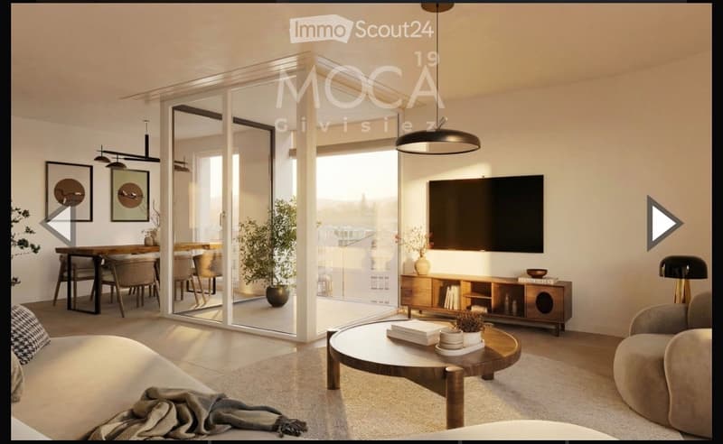 Modern living room with a large sliding glass door leading to a balcony, a sofa, coffee table, dining area with a table and chairs, a TV, and decorative items including lamps and plants.