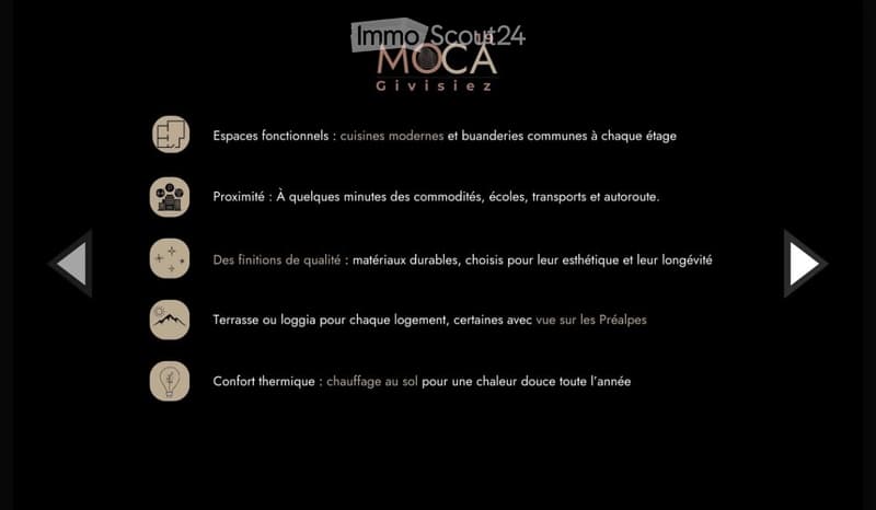 Presentation slide highlighting features of a residential property, including modern kitchens, shared bathrooms, proximity to amenities, quality finishes, terraces or loggias, and thermal comfort with underfloor heating.