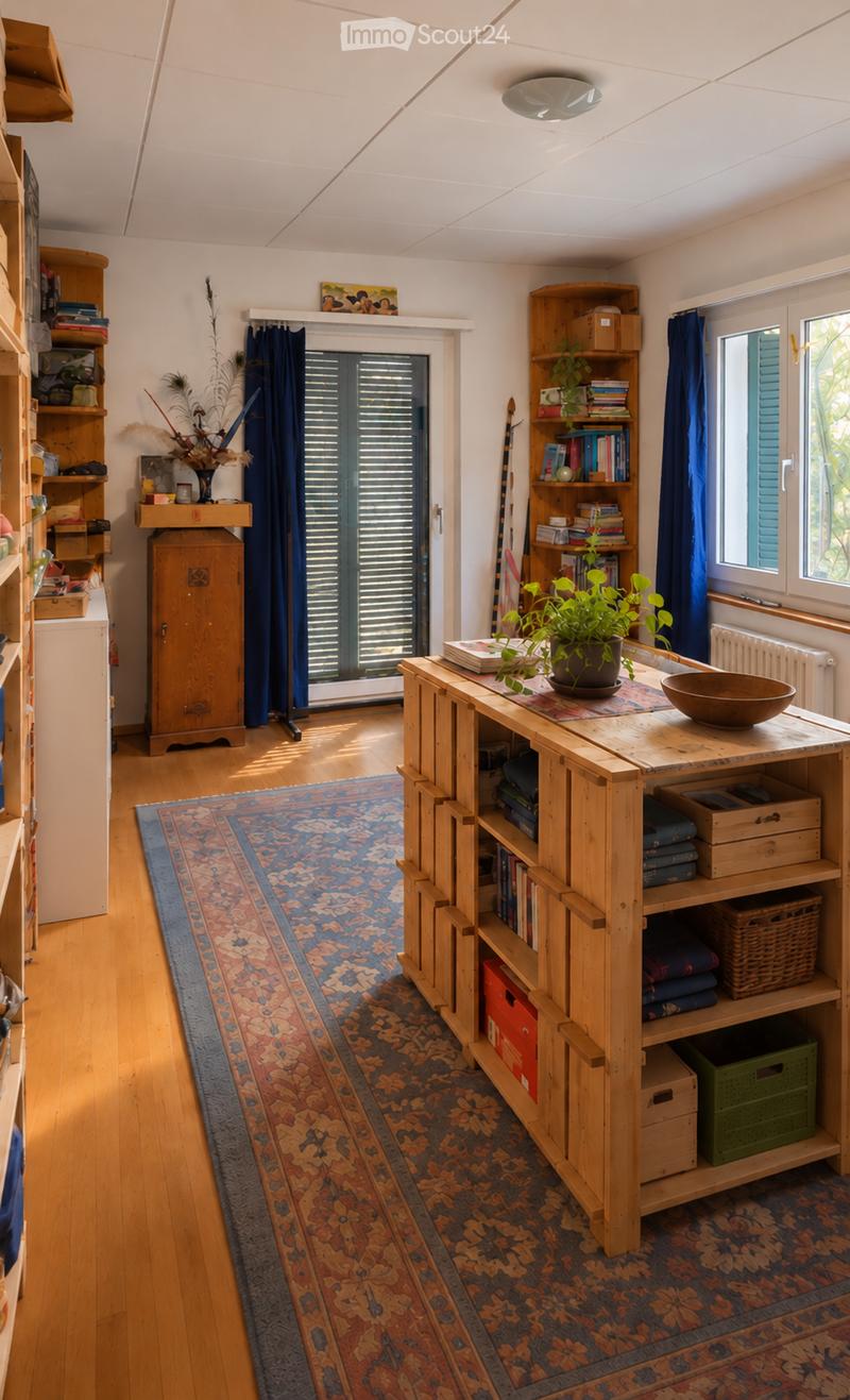 A cozy, well-lit room with wooden flooring, a large area rug, a wooden table with a plant and bowl, shelves filled with books and decorative items, and a window with blue curtains.