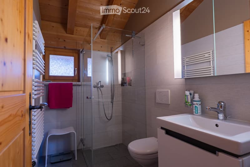 Modern bathroom with wooden ceiling beams, glass-enclosed shower, sink, toilet, and radiator. Features a red towel, a small stool, and a mirror above the sink.