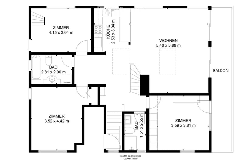 Floor plan of a 141 m² apartment featuring a living area, kitchen, three bedrooms, two bathrooms, and a balcony.
