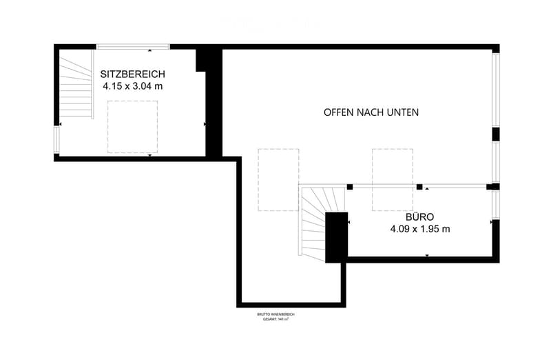 Floor plan showing a living area (Sitzbereich) and an office (Büro) with open space below.