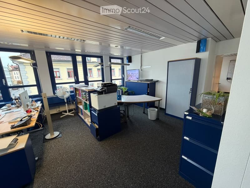 Office space with desks, chairs, computers, printers, a fan, cabinets, and plants.