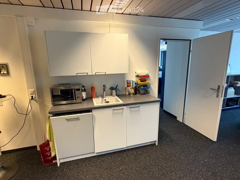 Modern kitchen with white cabinets, microwave, sink, and dishwasher. Countertop has various items including a bottle and a towel.