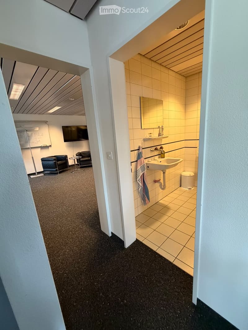 A modern, furnished room with a black carpeted floor, a sofa, a chair, a small table, and a flat-screen screen. An adjacent bathroom features a white tiled sink, a mirror, and a towel hanging on the wall.