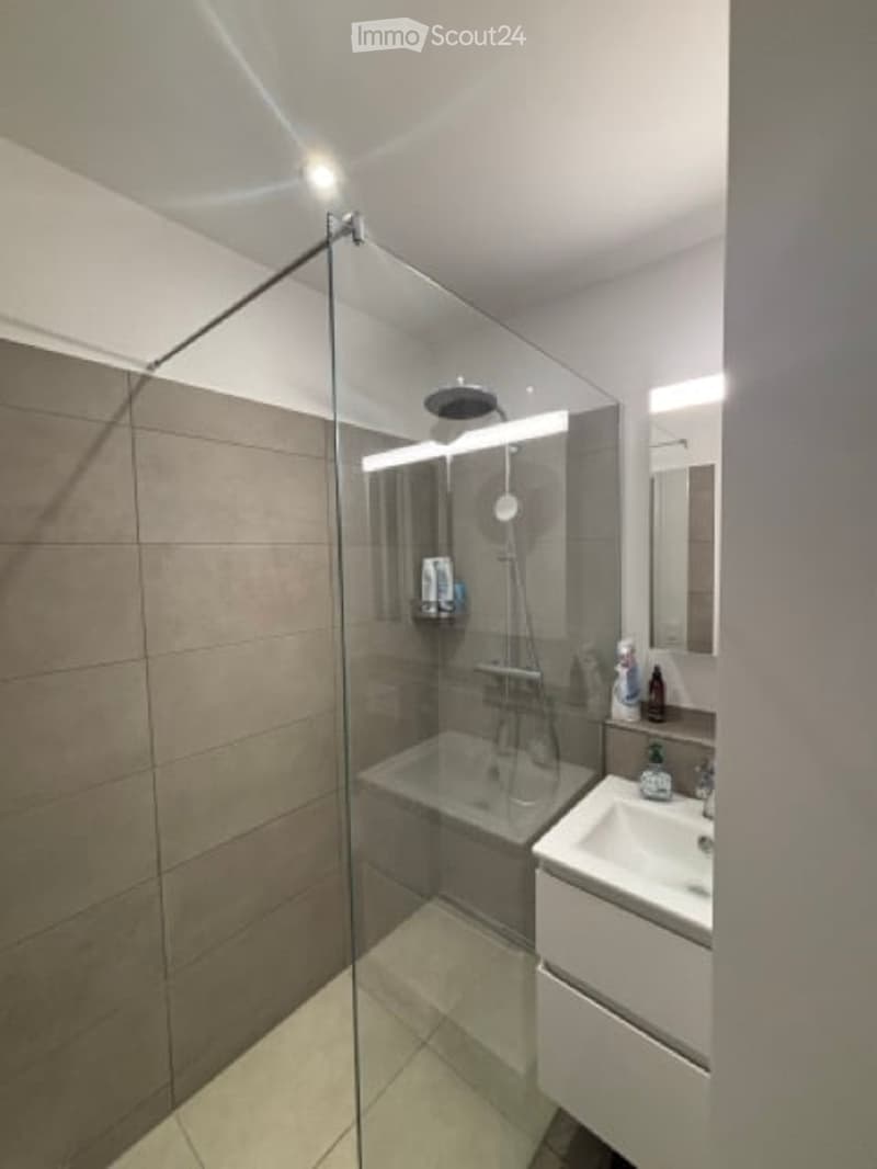 Modern bathroom with a glass-enclosed shower, bathtub, sink, and mirror. Features include a sleek design with grey tiles and a built-in shelf in the shower area.