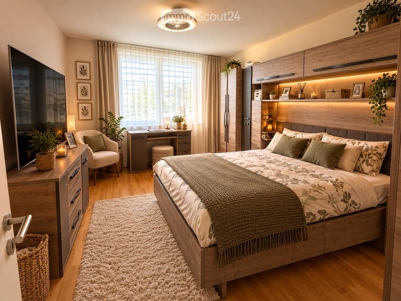 Modern bedroom with a large bed, nightstand, armchair, desk, and built-in wardrobe with lighting. Features include a large window with curtains, a shaggy rug, and decorative plants.