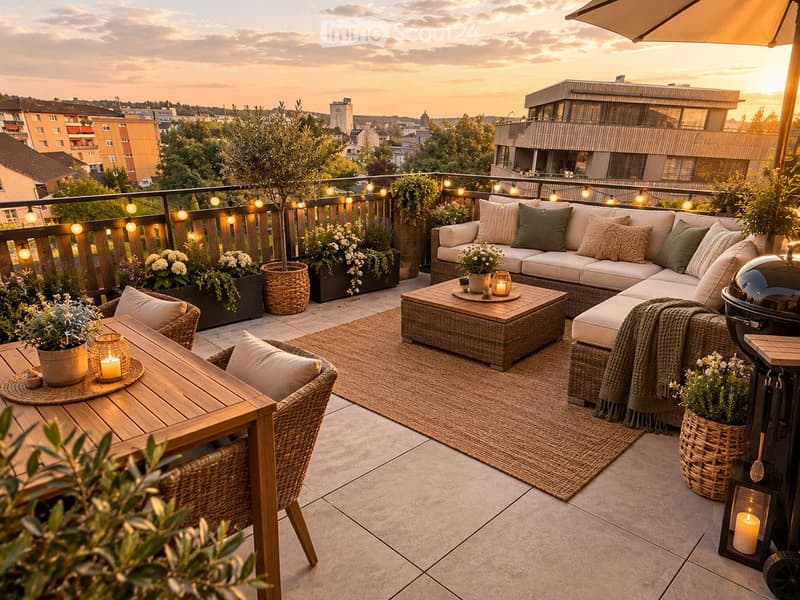 A modern rooftop terrace with a sectional sofa, coffee table, dining table, chairs, candles, and potted plants, overlooking a cityscape at sunset.