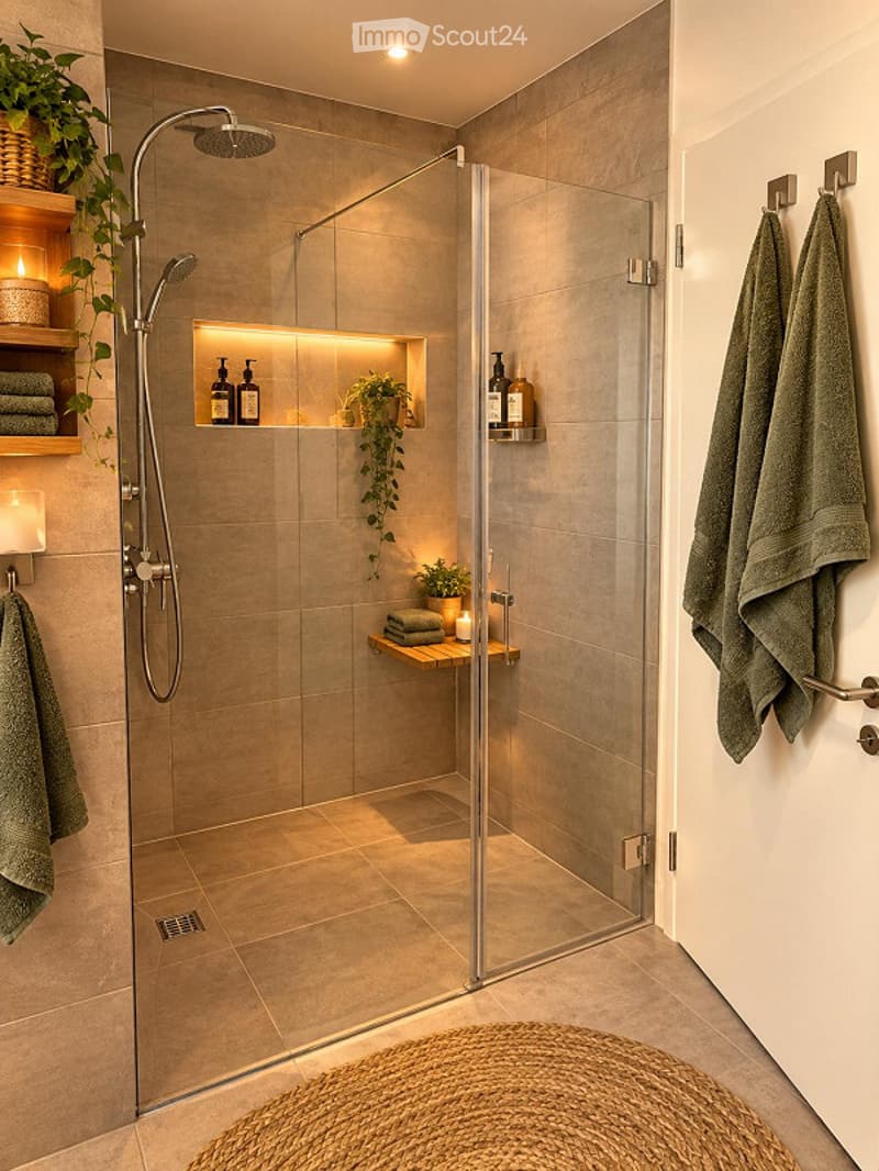 Modern bathroom with a glass-enclosed shower, built-in shelves holding plants and toiletries, and neatly arranged towels.