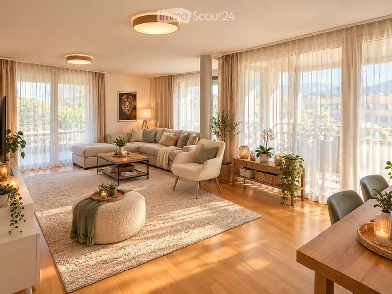 Modern living room with large windows, a sectional sofa, coffee table, armchair, ottoman, floor lamp, table lamp, and decorative plants.