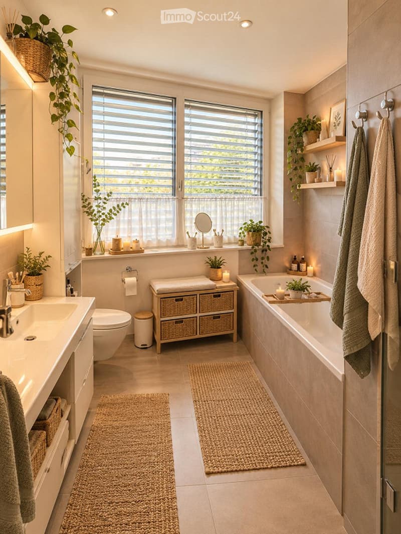Modern bathroom with a double sink, toilet, bathtub, and a woven storage unit. Features include a large window with blinds, decorative plants, candles, and a towel hanging on the wall.