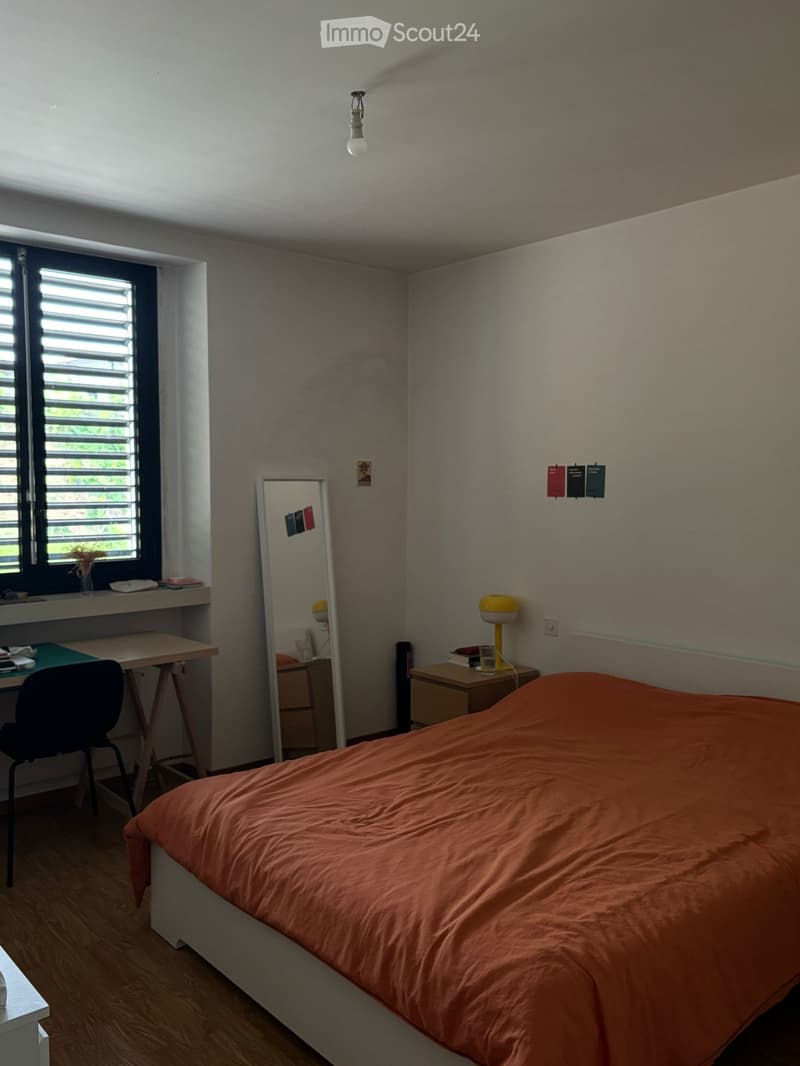 A modern bedroom with a single bed, desk, chair, and nightstand. The room features a large window with blinds, a mirror, and a lamp on the nightstand.