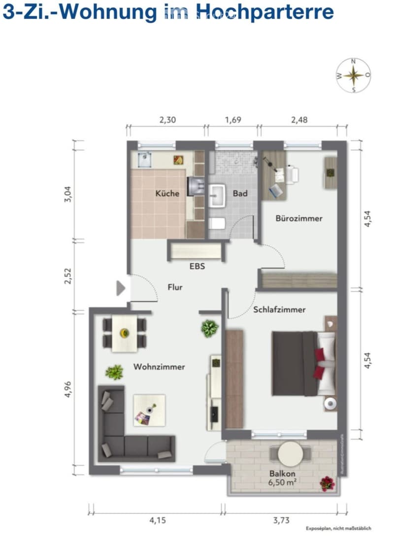 3-room apartment on the top floor, including a living room, bedroom, kitchen, bathroom, office, and balcony.