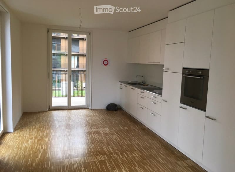 Modern kitchen with white cabinets, wooden flooring, and a large sliding glass door leading to a balcony.