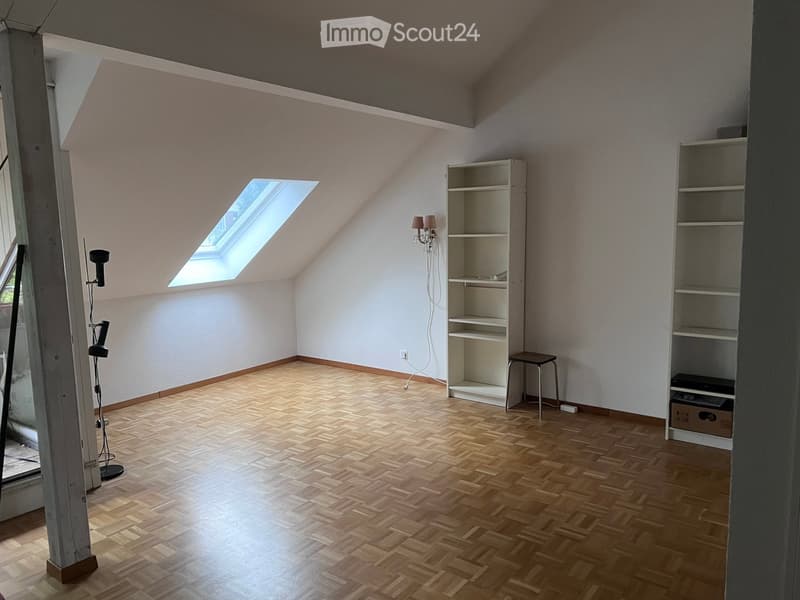 Empty attic room with wooden flooring, white walls, and a skylight window. Includes built-in shelving units and a small stool.
