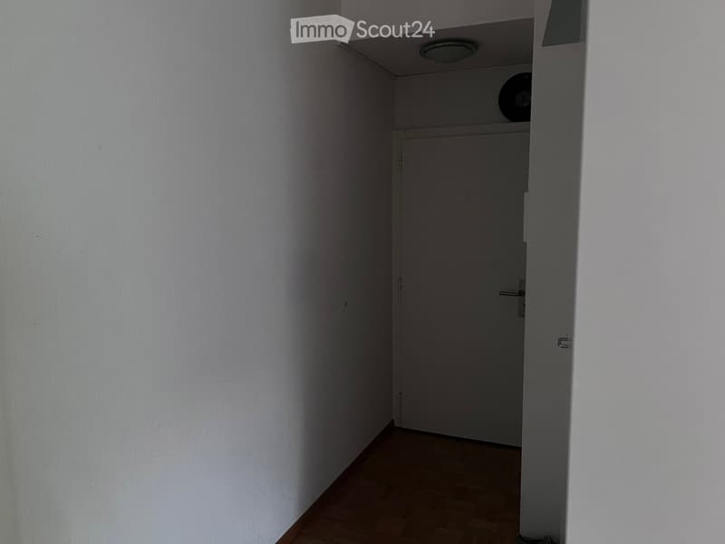 A narrow hallway with light-colored walls and wooden flooring, leading to a closed door.