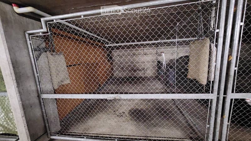 A metal cage or enclosure with a chain-link fence, situated in an industrial or utility area with visible pipes and structural elements.