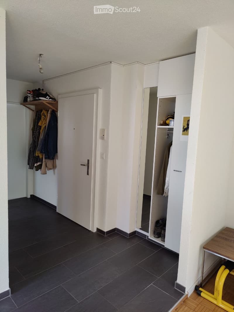 A narrow hallway with dark tiled flooring, white walls, and built-in storage units. A coat rack with jackets and a shelf with shoes are visible.