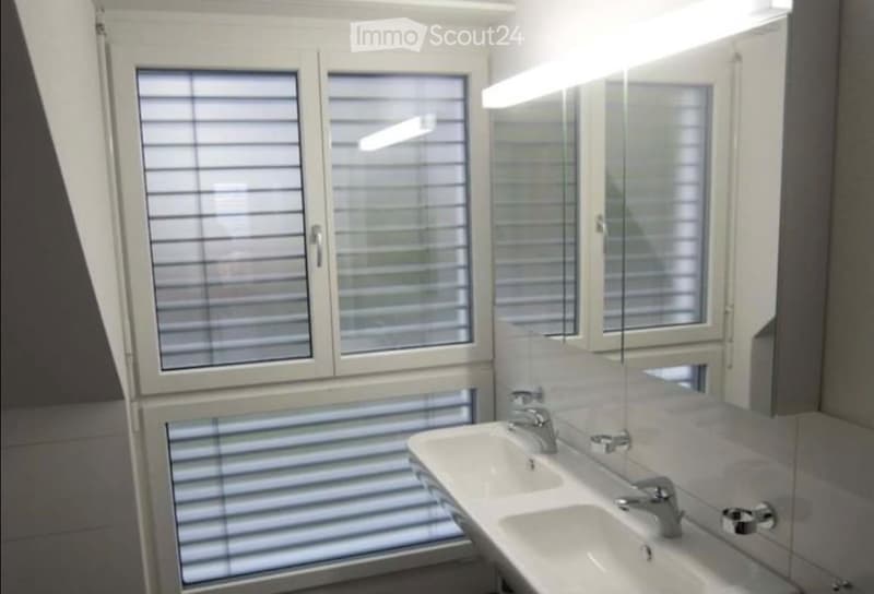 Modern bathroom with a double sink, sleek faucet, large mirror, and bright lighting. The room features large windows with blinds and a clean, minimalist design.