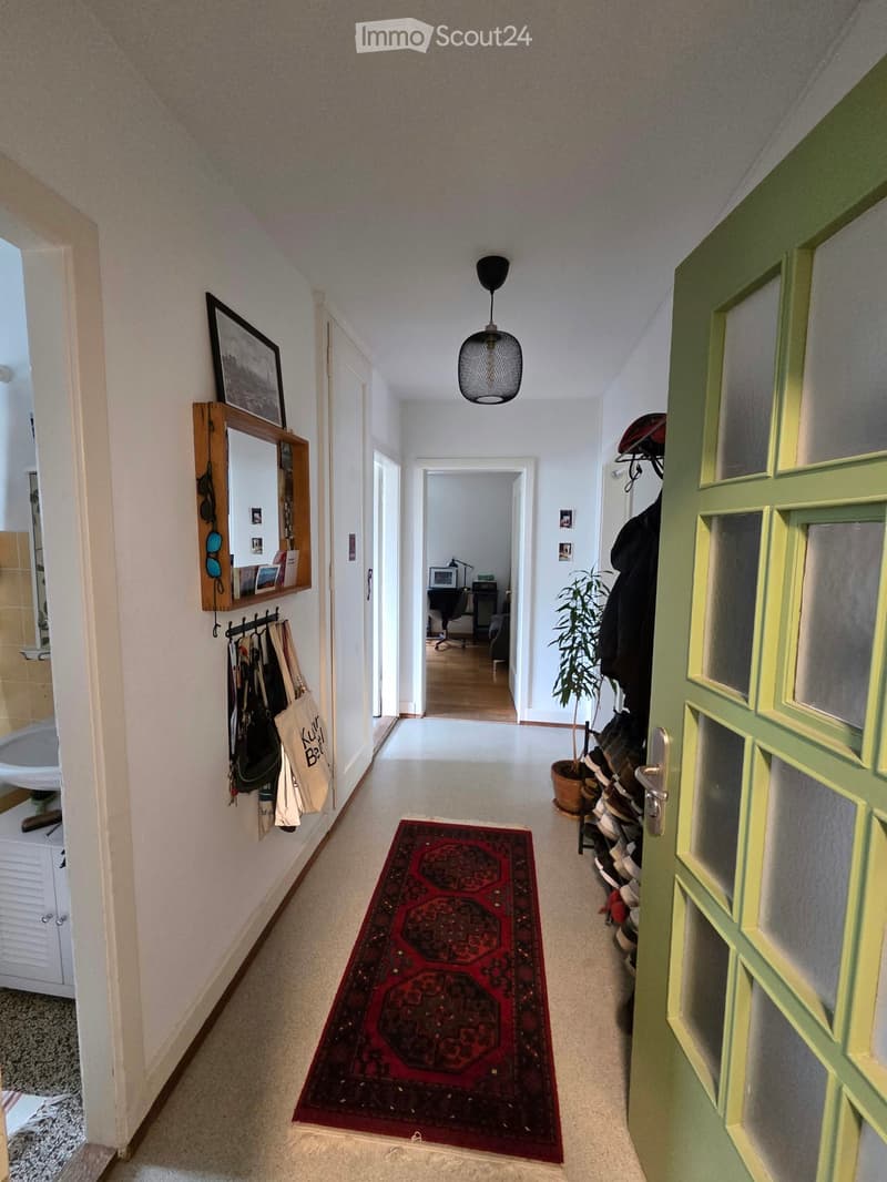 A narrow hallway with a red patterned runner, white walls, and a hanging pendant light. Visible items include a coat rack with bags and jackets, a small shelf with framed photos, and a potted plant near the end of the hallway.