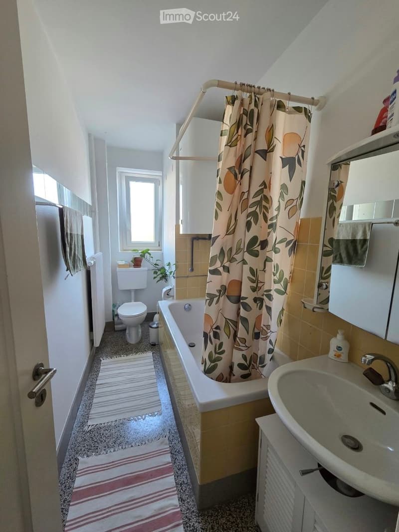 Bathroom with a bathtub, toilet, sink, mirror, and a shower curtain with a leaf and fruit design. The room features a small window, a towel on the wall, and a small plant on the floor.
