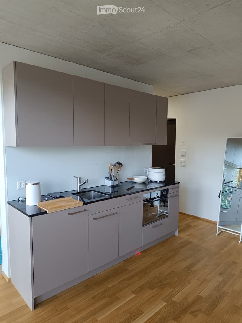 Modern kitchen with grey cabinets, wooden flooring, and stainless steel appliances including a sink, oven, and refrigerator. A wooden cutting board and bowl are placed on the counter.