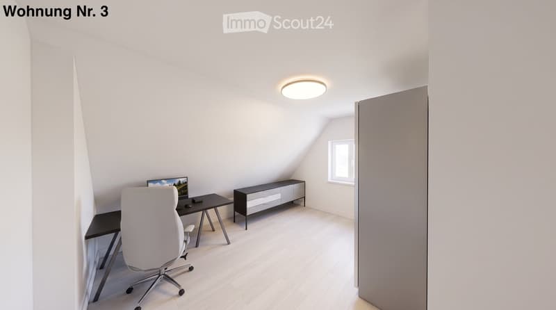 Modern, minimalist room with a slanted ceiling, white walls, and light wooden flooring. Features a black desk with a computer screen, a white office chair, and a sleek black cabinet with drawers.