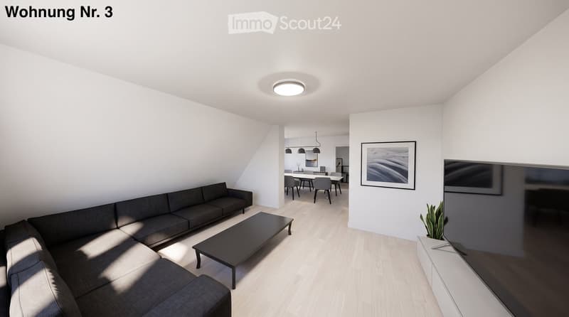 Modern living room with a grey sectional sofa, black coffee table, flat-screen TV, dining area with chairs and table, and a potted plant near the TV stand.