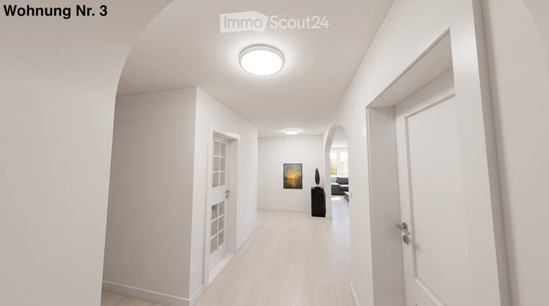 Bright, modern hallway with white walls, wooden flooring, recessed lighting, and an open doorway leading to a living area with a sofa and artwork.