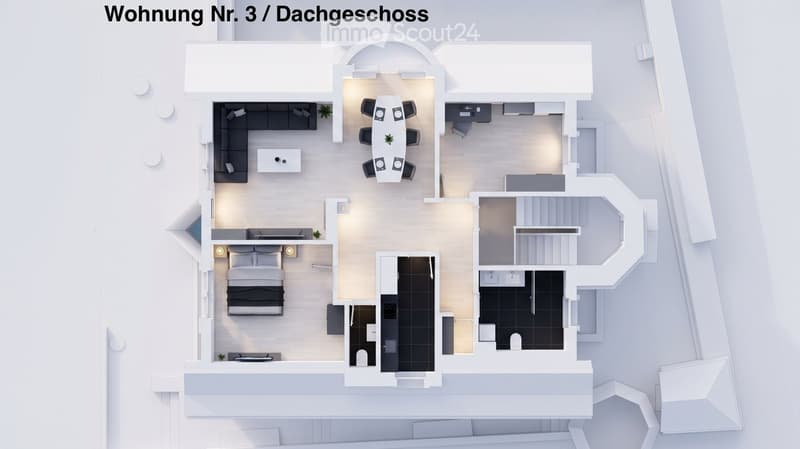 Top-down floor plan of a rooftop apartment with a living area, bedroom, kitchen, dining area, and two bathrooms.