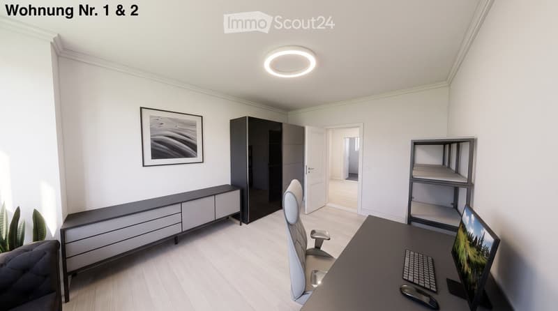 Modern, minimalist room with a desk, ergonomic chair, screen, keyboard, mouse, cabinet, shelf, and picture frame on the wall.