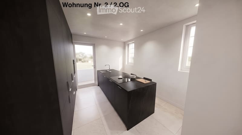 Modern kitchen with white walls, black countertops, built-in cabinets, and a sink area. Features include a window, a sliding glass door leading to a balcony, and a small seating area with a chair.