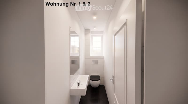 Modern, minimalist bathroom with white walls, black floor, a sink, toilet, and a large mirror.