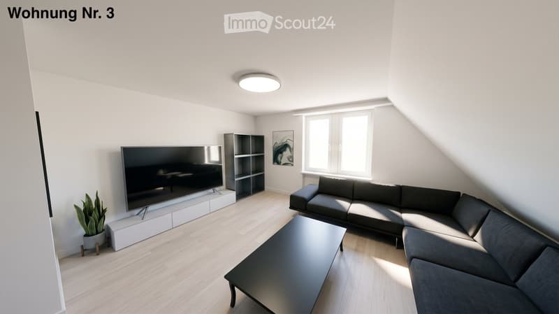 Modern living room with a grey sectional sofa, black coffee table, large flat-screen TV on a white stand, a tall black shelving unit, and a potted plant near the window.