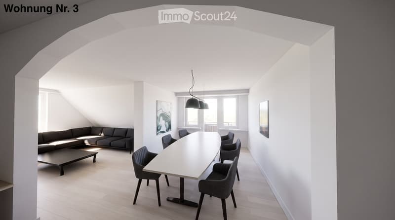 Modern living and dining area with white walls, wooden floor, grey sofa, coffee table, dining table, and chairs.