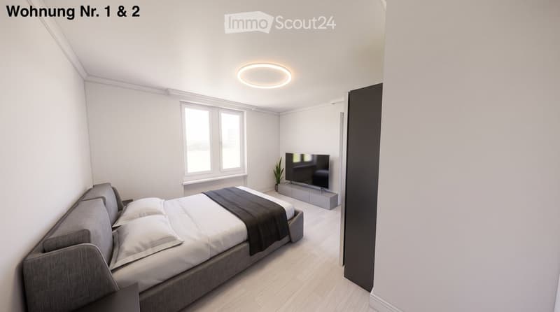 Modern, minimalist bedroom with a grey sofa, a bed with white pillows and a dark blanket, a television on a stand, and a small table with a plant.
