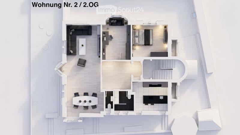 Floor plan of a 2nd-floor apartment with a living room, dining area, kitchen, bedroom, and bathroom.