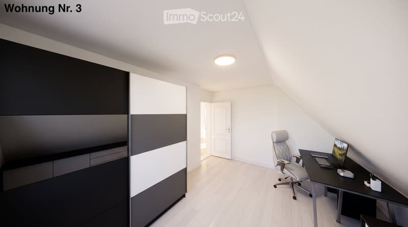 Modern, minimalist office space with a sleek black and white color scheme, featuring a desk, ergonomic chair, computer setup, and built-in storage units.