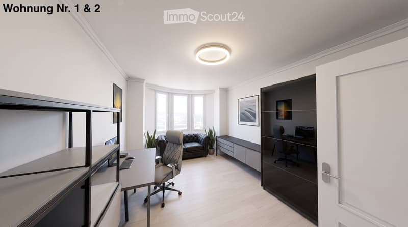 Modern, well-lit room with a sofa, desk, chair, and potted plants. Features a sleek, contemporary design with large windows and a round ceiling light.